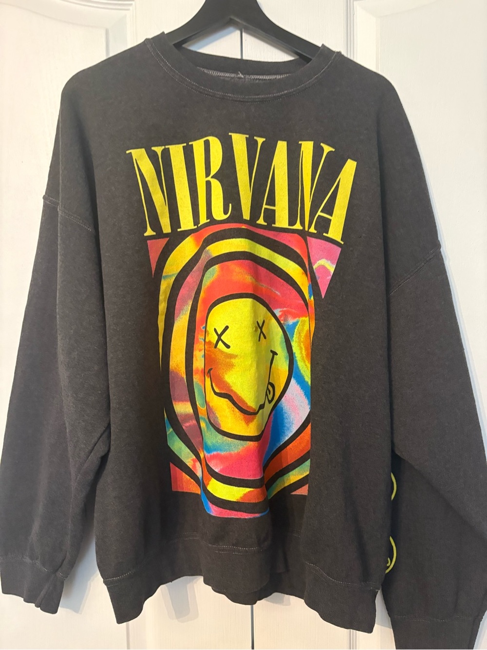 NIRVANA Black Crewneck with Multicolor Smiley Graphic